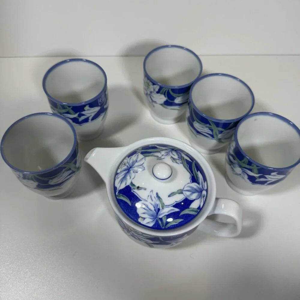 Vintage Arita Yaki Japanese Porcelain Kyusu Yunomi Tea Set Royal Iris Blue White
